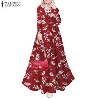 ZANZEA Women Muslim Casual Loose Long Sleeve Floral Printed Bohemian Long Dress