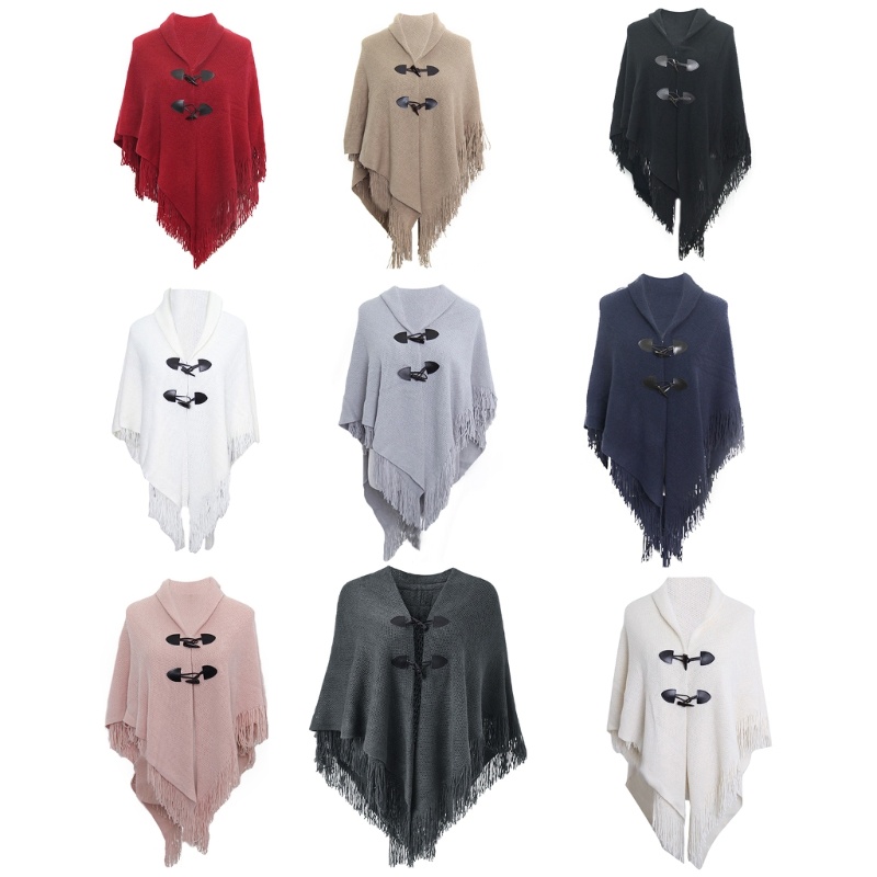 Fine Shawl Wrap Poncho Ruana Cape Shawl Wrap Poncho พร้อมปุ่มฤดูหนาว Poncho Cape ผ้าคลุมไหล่ Poe เปิ
