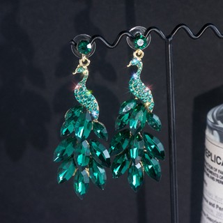 Light Luxury Peacock Open Screen Shine Green Crystal Earring Girl