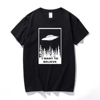 [S-5XL] love-store เสื้อยืดครอปเสื้อยืดแขนสั้น ผ้าฝ้าย พิมพ์ลาย I Want to Believe sci fi ufo space x สําหรับผู้ชายS-5XL