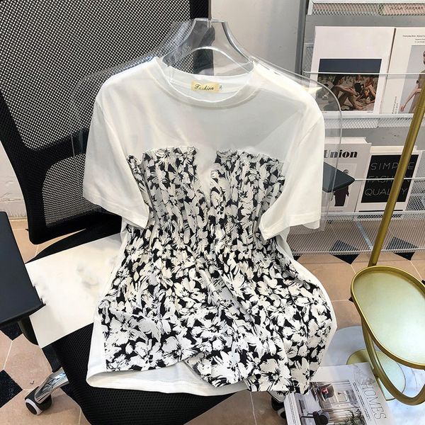 ฤดูร้อนไขมัน MM ขนาดใหญ่ปลอมสองชิ้น 150 กก.All-Match Design Feel Niche ดอกไม้แขนสั้นเสื้อยืดผู้หญิงอินเทรนด์ไขมัน mm Slimmer ดูเนื้อหลวม Dis