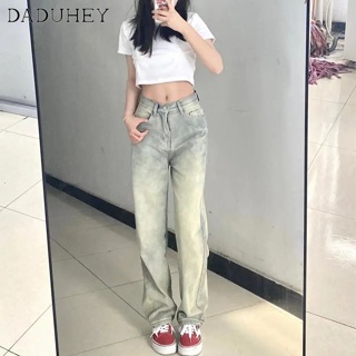 DaDuHey🎈 New American Style Washed Retro High Street Yellow Mud Jeans High Waist Slim Female Straight Leg Pants