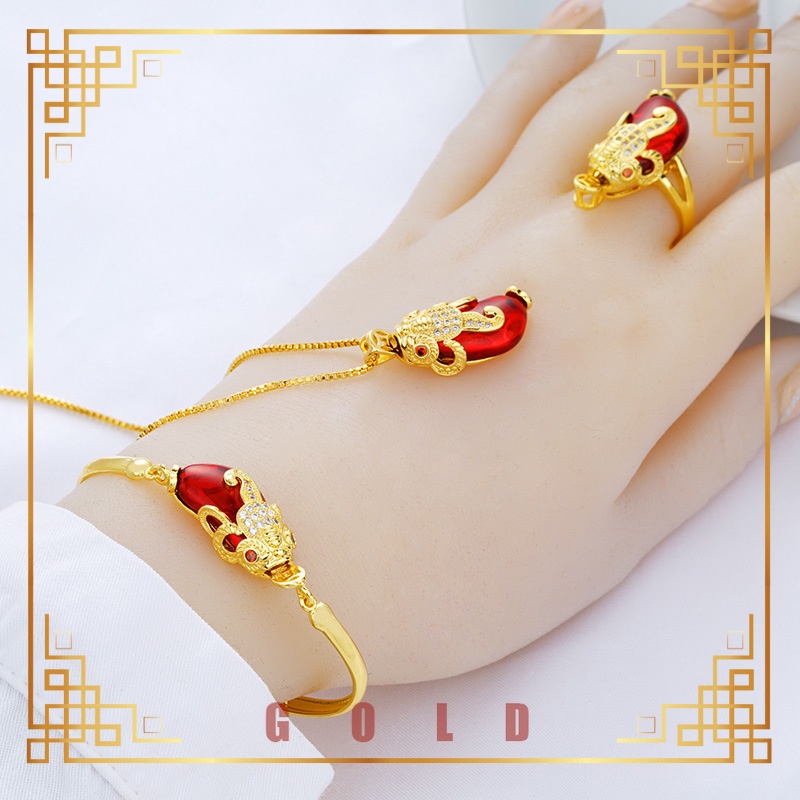 [Lucky K Gold] ชุดเครื่องประดับสร้อยคอสร้อยข้อมือแหวน Au999 แบบแข็ง 3 มิติ