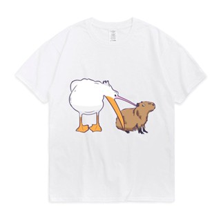 ขายPelican พยายามกิน Capybara ตลกน่ารัก T เสื้อผู้ชายผู้หญิง Kawaii Graphic ขนาดใหญ่สั้นแขนเสื้อ Tee Shirt เสื้อยืดสีดำ（