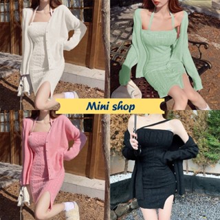 Mini shop🌸พร้อมส่ง🌸 (U043) ชุดมินิเดรสไหมพรม  สายผูกได้หลายแบบ (ขายเฉพาะเดรส) มีทั้ง4สีพาสเทล