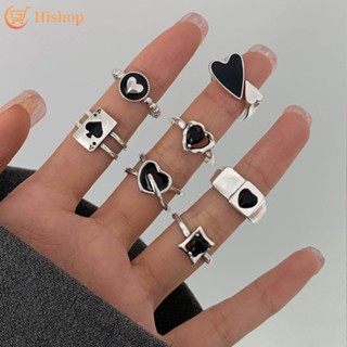 IFME 7pcs/set Black Zircon Rings Vintage Oil Drop Spade Heart Ring Set for Women Jewelry Accessories