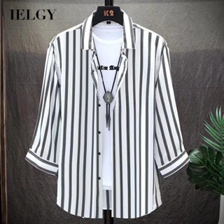 IELGY เสื้อเชิ้ตแขนสามส่วน ลายทาง สไตล์เกาหลี อินเทรนด์ สําหรับผู้ชาย