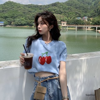 Sugemiusi เสื้อยืดแขนสั้น แบบบาง สีฟ้า แฟชั่นฤดูร้อน สําหรับผู้หญิง