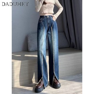 DaDuHey🎈 Women New Korean Style Retro Washed Jeans High Waist Slit Wide Leg Pants Long Mopping Pants