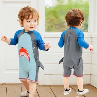 LJW-Kid Boys Cartoon Shark Swimwear, Patchwork Short Sleeve One-piece Bathing Suit, 9 Months-4 Years