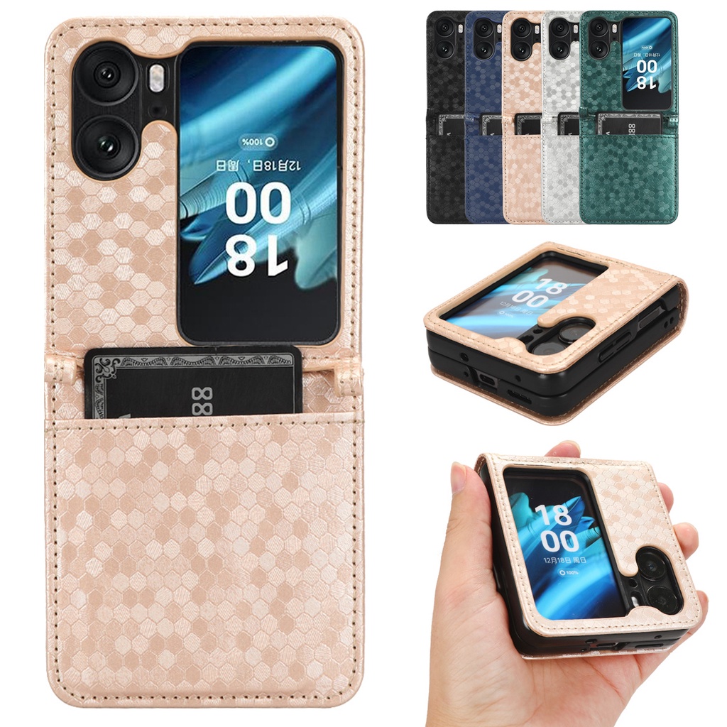 เคส Case for OPPO Find N2 Flip หนัง PU ลายหกเหลี่ยม ฝาพับ พร้อมช่องใส่บัตร กระเป๋าแข็ง PC พลาสติก กันชน เคสโทรศัพท์มือถือ Hexagon Leather Case Flip Cover Mobile Phone Covers Cases เคสหนัง