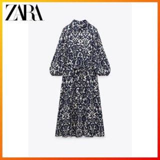 Zara ฤดูใบไม้ผลิใหม่ ผู้หญิง แฟชั่นย้อนยุค ลําลอง พิมพ์ลาย ชุดมิดี้