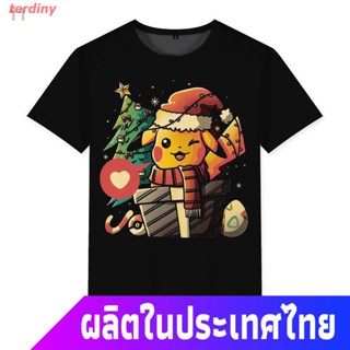 เสื้อยืดแขนสั้นterdiny โปเกมอนเสื้อยืดถักฤดูร้อน Pokemon Anime Pikachu ร่วมสวมรอยคริสต์มาสพิมพ์แขนสั้นเสื้อยืดชายคู่เสื้