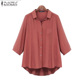 ZANZEA Women Simple Casual Lapel Seven-point Sleeves Irregular Hem Plain Shirt