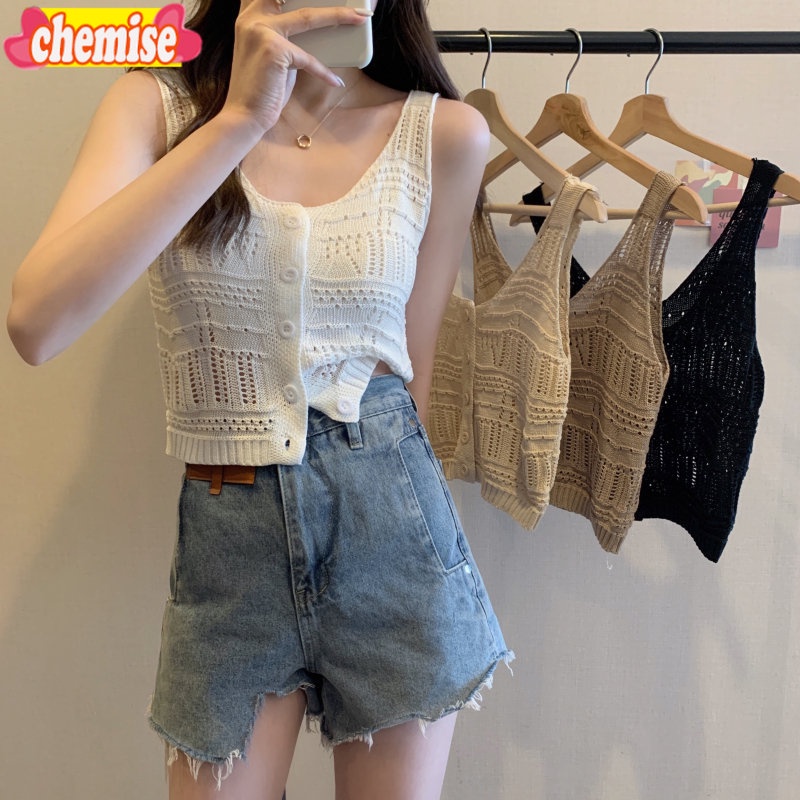 mimi&didi✨พร้อมส่ง✨เสื้อสายเดี่ยว ผ้าถักโครเชต์ เสื้อถักแฟชั่น มีกระดุมหน้า 4 สี  น่ารักสไตล์แฟชั่นเกาหลี 88102