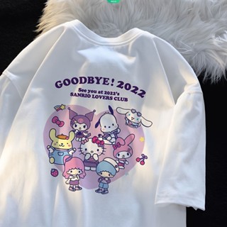 SANRIO เสื้อยืดคอกลม แขนสั้น ผ้าฝ้าย 100% พิมพ์ลายการ์ตูน Hello Kitty Kuromi น่ารัก ทรงหลวม แฟชั่นฤดูร้อน สําหรับเด็กผู้หญิง