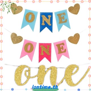 LONTIME ป้ายธง ลาย ONE สีทอง ประดับกลิตเตอร์ สำหรับตกแต่งงานวันเกิดเด็ก 1 ขวบ