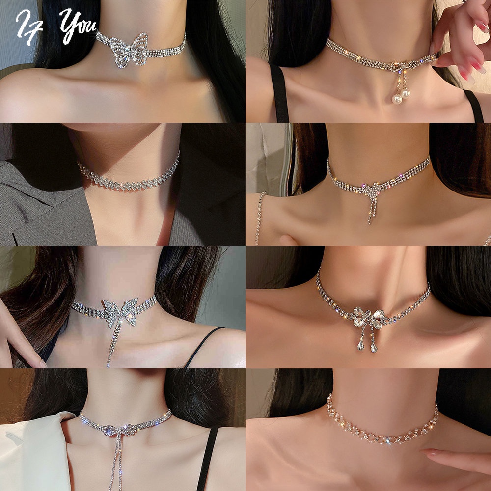 AY สร้อยคอโชคเกอร์ โซ่เงิน จี้คริสตัล รูปผีเสื้อ หัวใจ โบว์ ประดับมุก เครื่องประดับ สําหรับผู้หญิง