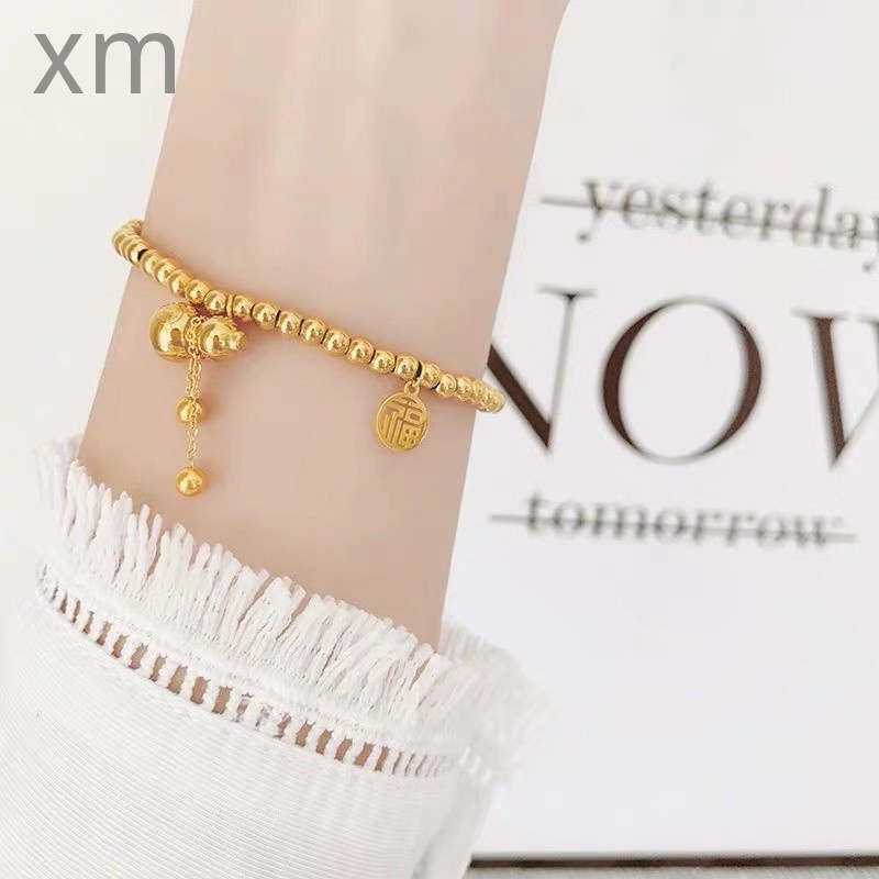 แฟชั่น Benming ปี 18K Rose Gold Gourd Lucky ตัวอักษรสร้อยข้อมือหรูหรา All-Match เหล็กไทเทเนียมไม่จางหาย Lucky รอบลูกปัดเครื่องประดับมือ