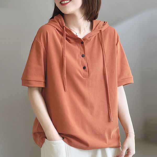 เสื้อยืดแขนสั้น มีฮู้ด ผ้าฝ้าย 100% ทรงหลวม พลัสไซซ์ แฟชั่นฤดูร้อน สําหรับผู้หญิง