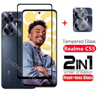 2in1 ฟิล์มกระจกนิรภัยกันรอยหน้าจอ แบบเต็มจอ สําหรับ Realme C55 RealmeC55 C 55