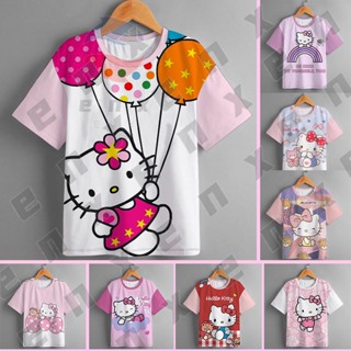 เสื้อยืดคอกลม พิมพ์ลาย Hello Kitty สีตัดกัน แฟชั่นฤดูร้อน สําหรับเด็กผู้หญิง อายุ 3-13 ปี