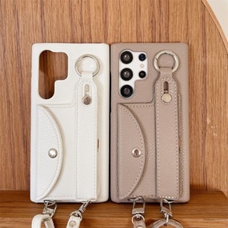 เคสหนัง พร้อมสายคล้องข้อมือ และกระเป๋าสตางค์ สําหรับ Samsung S23 Ultra S22 Plus Note 20 Ultra