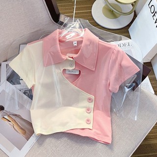 เสื้อยืดแขนสั้น คอปกโปโล ฉลุลายหัวใจ สีคอนทราสต์ แฟชั่นฤดูร้อน สําหรับเด็กผู้หญิง 2023