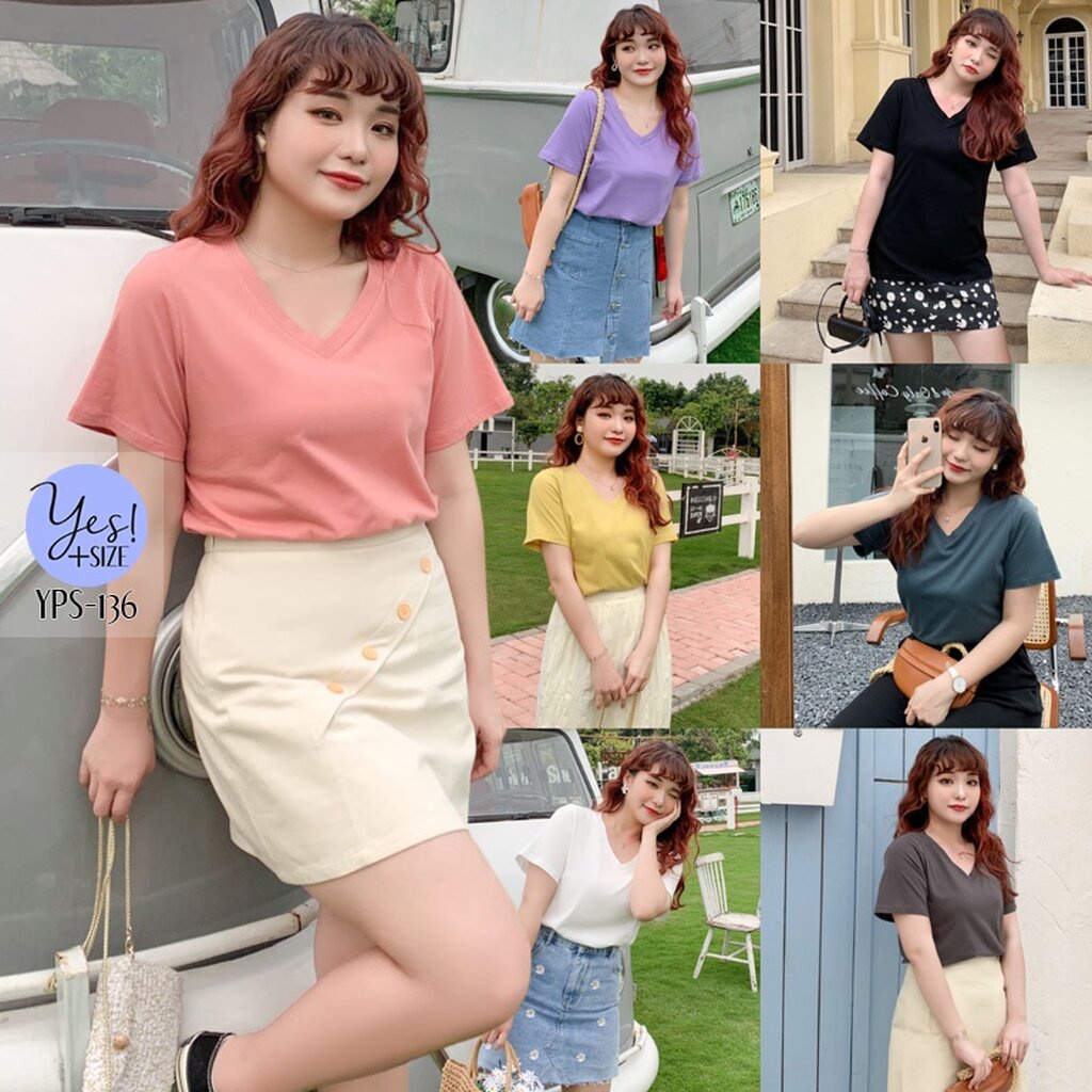 เสื้อยืดแขนสั้นสาวอวบ อก 38-52+นิ้ว เสื้อยืดคอตต้อน 100% คอวี เสื้อเบสิก 7 สี YPS-136