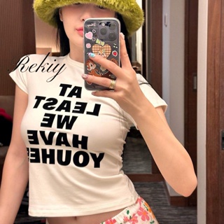 Rekiy ใหม่ เสื้อยืดลําลอง แขนสั้น คอกลม พิมพ์ลาย สีพื้น แฟชั่นสําหรับสตรี 2023