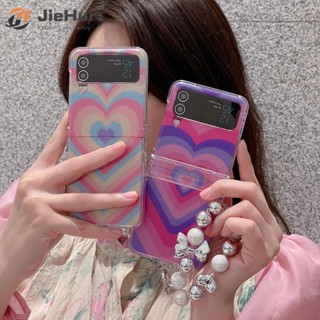 Jiehui เคสโทรศัพท์มือถือแฟชั่น สามชิ้น ลายหัวใจ หลากสี พร้อมสายโซ่ และกระดาษแข็ง สําหรับ Samsung Z Flip5 Z Flip4 Z Flip3