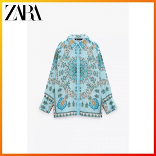 Zara ฤดูร้อนใหม่ ผู้หญิง พิมพ์ลายดอกไม้ คอปก แขนยาว ผ้าเดรป