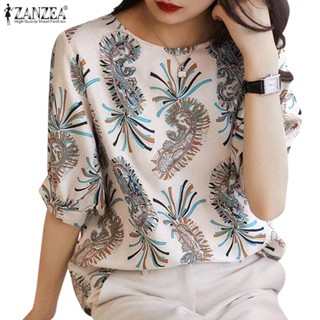 ZANZEA Women Korean Casual Loose Half Sleeve Printing Holiday Tops