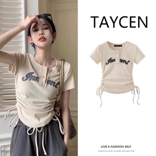 TAYCEN ส่งไวจากไทย ผู้หญิงเสื้อครอป ท็อป เกาหลีแขนสั้นเรียบๆเซ็กซี่เสื้อ