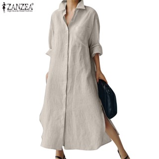 ZANZEA Women Europe Daily Long Sleeved Curved Hem With Pleated Back Shirtdress