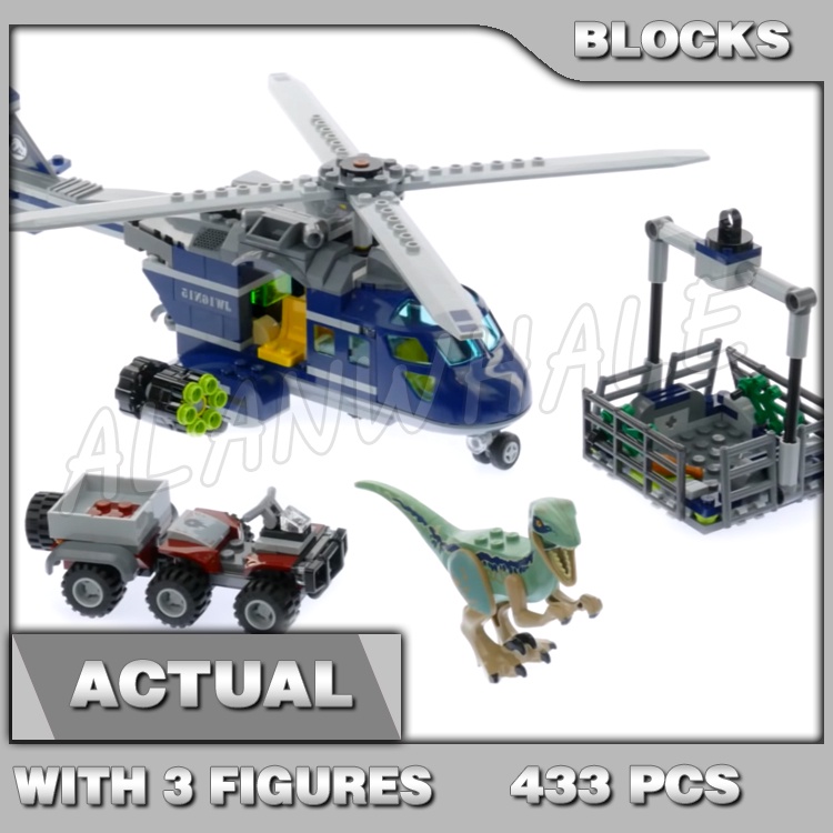 433 ชิ้น Jurassic World Blue เฮลิคอปเตอร์ Pursuit จักรยาน Velociraptor รุ่น Park 10925 Building Bloc