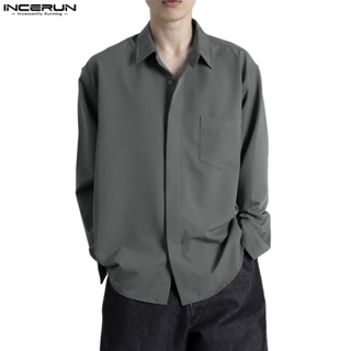 INCERUN Mens casual long sleeve shirt with wide loose silk sliding concealed door tube