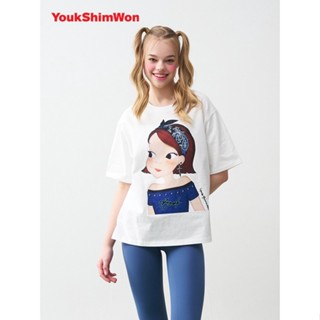 Youk Shim won ใหม่ เสื้อยืดลําลอง แขนสั้น ลายการ์ตูน ทรงหลวม แฟชั่นฤดูร้อน สําหรับสตรี