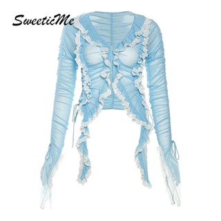 Sweeticme ใหม่ เสื้อยืดลําลอง แขนยาว คอวี ผ้าตาข่าย สีพื้น แฟชั่นสําหรับสตรี 2023