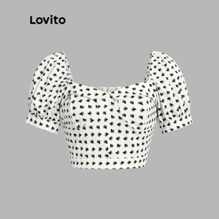 Lovito เสื้อเบลาส์หรูหรา ทรงคร็อป ลายหัวใจ แต่งสม็อค แขนสั้น สำหรับสตรี L47ED151 (ออฟไวท์)