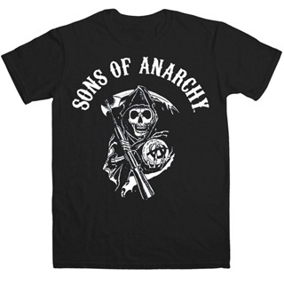 เสื้อยืดชาย เสื้อยืดแฟชั่นพิมพ์ลาย Sons of Anarchy สำหรับผู้ชาย คอกลม สีดำ แนวสตรีท