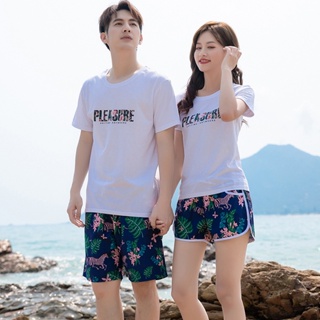 BBB Couple Short Sleeve Floral Print Swimwear Beach Shorts Loose Quick Dry Swim Surfing Trunks Women Swimsuit Hot Spring Wear Lovers Pack