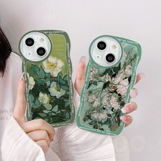 Wavy Edge Casing For iPhone 15 14 13 12 11 Pro Xs max Mini 7 8 6 6S Plus X XR 14ProMax 13promax 12promax 11promax 6+6S+ 7+ 8+ Cute  impressionist Green Art oil Painting Flower Full Oval Airbag Shockproof Soft Phone Case BW 42