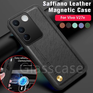 For Vivo V27e V27 V25 V25e Pro VivoV27e Matte Plain Leather Phone Case Magnetic Car Holder Lens Full Protector Back Shockproof Casing Cover