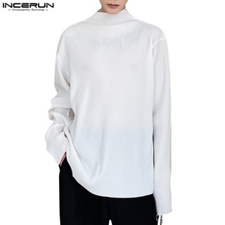 INCERUN Mens minority design feeling half-high collar solid color pleated long-sleeved T-shirt