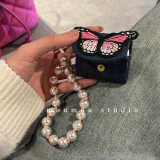 เคสหูฟังบลูทูธไร้สาย ซิลิโคน ปักลายผีเสื้อ พร้อมสายคล้อง สําหรับ AirPods Pro 2 3