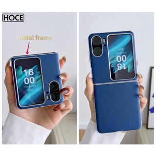 Hoce เคสโทรศัพท์มือถือหนัง PU กรอบโลหะ สีพื้น สําหรับ Oppo Find N2 Flip 5G