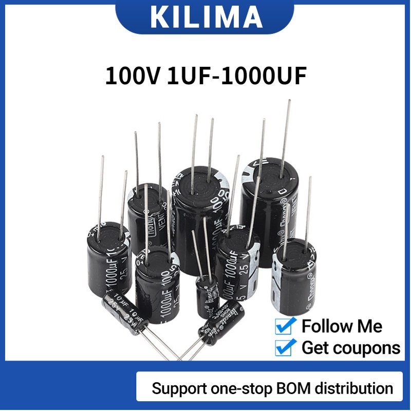 ตัวเก็บประจุอลูมิเนียมไฟฟ้า 100V 1uF-1000UF 1uF 10uF 22uF 47uF 100UF 220UF 330UF 470UF 680UF 1000UF 