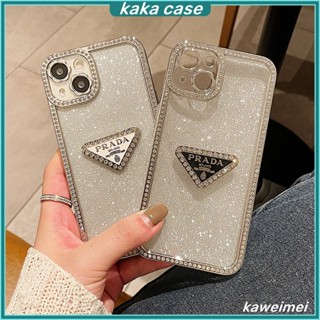 เคสโทรศัพท์มือถือ แบบนิ่ม ลายโลโก้ Prada ประดับเพชรเทียม สําหรับ iPhone 14 Pro Max 14 Plus 11 12 13 Pro Max