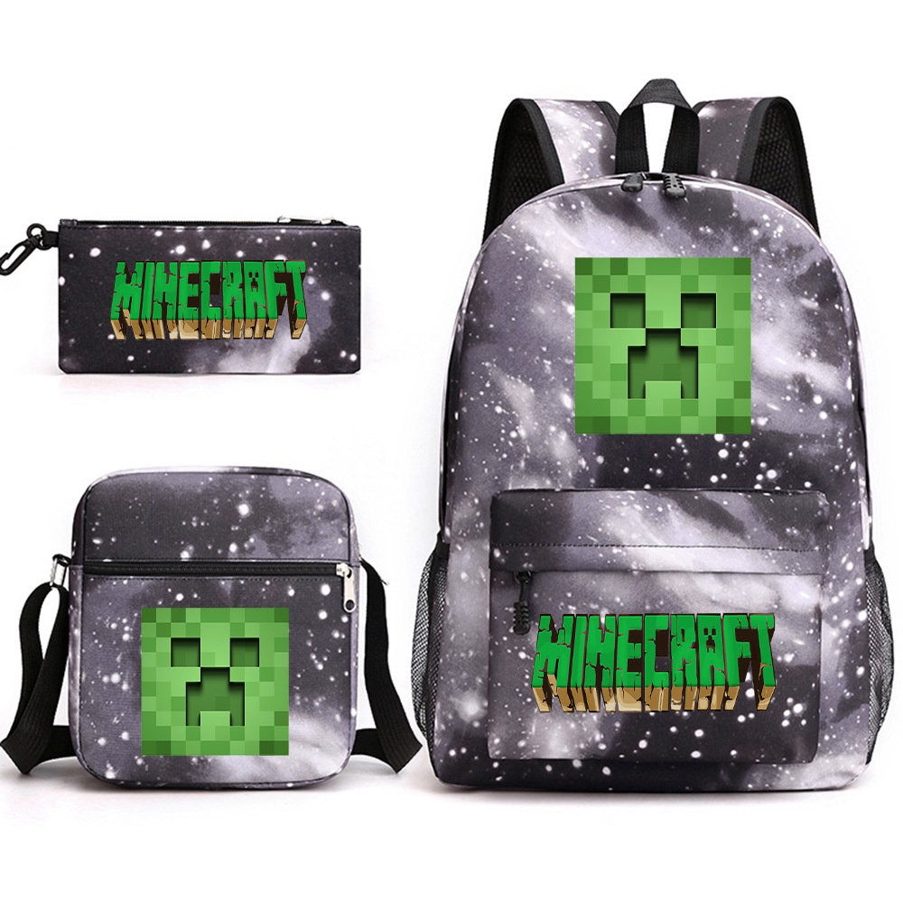 Minecraft กระเป๋าเป้สะพายหลัง กระเป๋าดินสอ ขนาดใหญ่ จุของได้เยอะ ใส่แล็ปท็อปได้ สําหรับเด็กนักเรียนผู้ชาย และผู้หญิง 3 ชิ้น